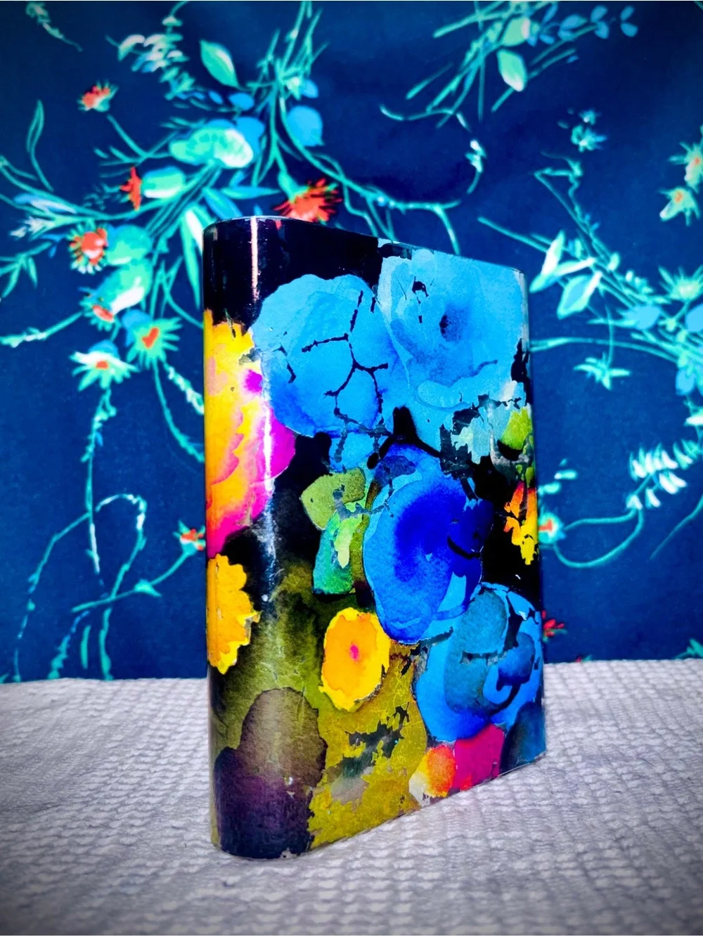 Vtg 1990s Fringe Studio Vibrant Floral Print Rectangular Glass Vase